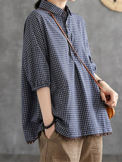 Plus Size Women Summer Vintage Plaid Turn-down Collar Shirt