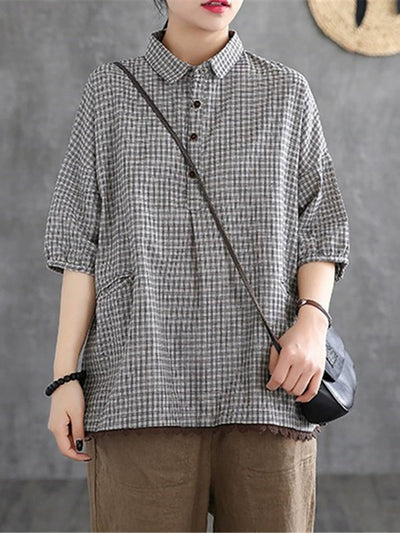 Plus Size Women Summer Vintage Plaid Turn-down Collar Shirt