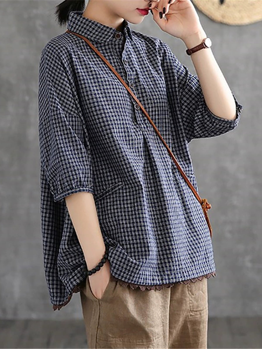 Plus Size Women Summer Vintage Plaid Turn-down Collar Shirt