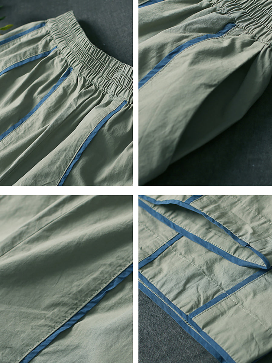 Plus Size Women Casual Colorblock 100%Cotton Wide-leg Pants