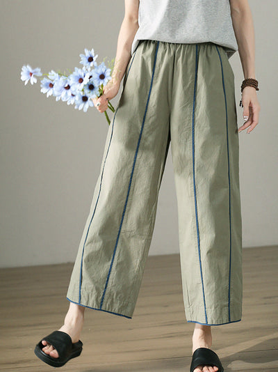 Plus Size Women Casual Colorblock 100%Cotton Wide-leg Pants
