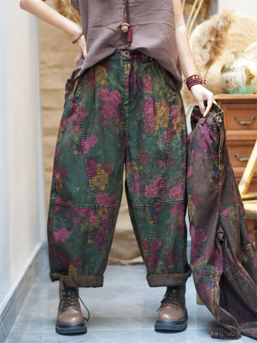 Plus Size Women Spring Retro Flower Cotton Harem Pants