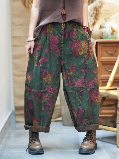 Plus Size Women Spring Retro Flower Cotton Harem Pants