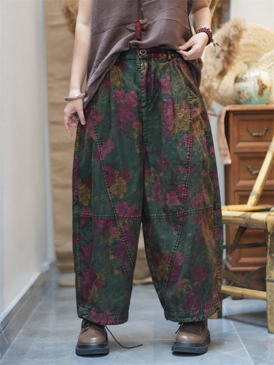 Plus Size Women Spring Retro Flower Cotton Harem Pants