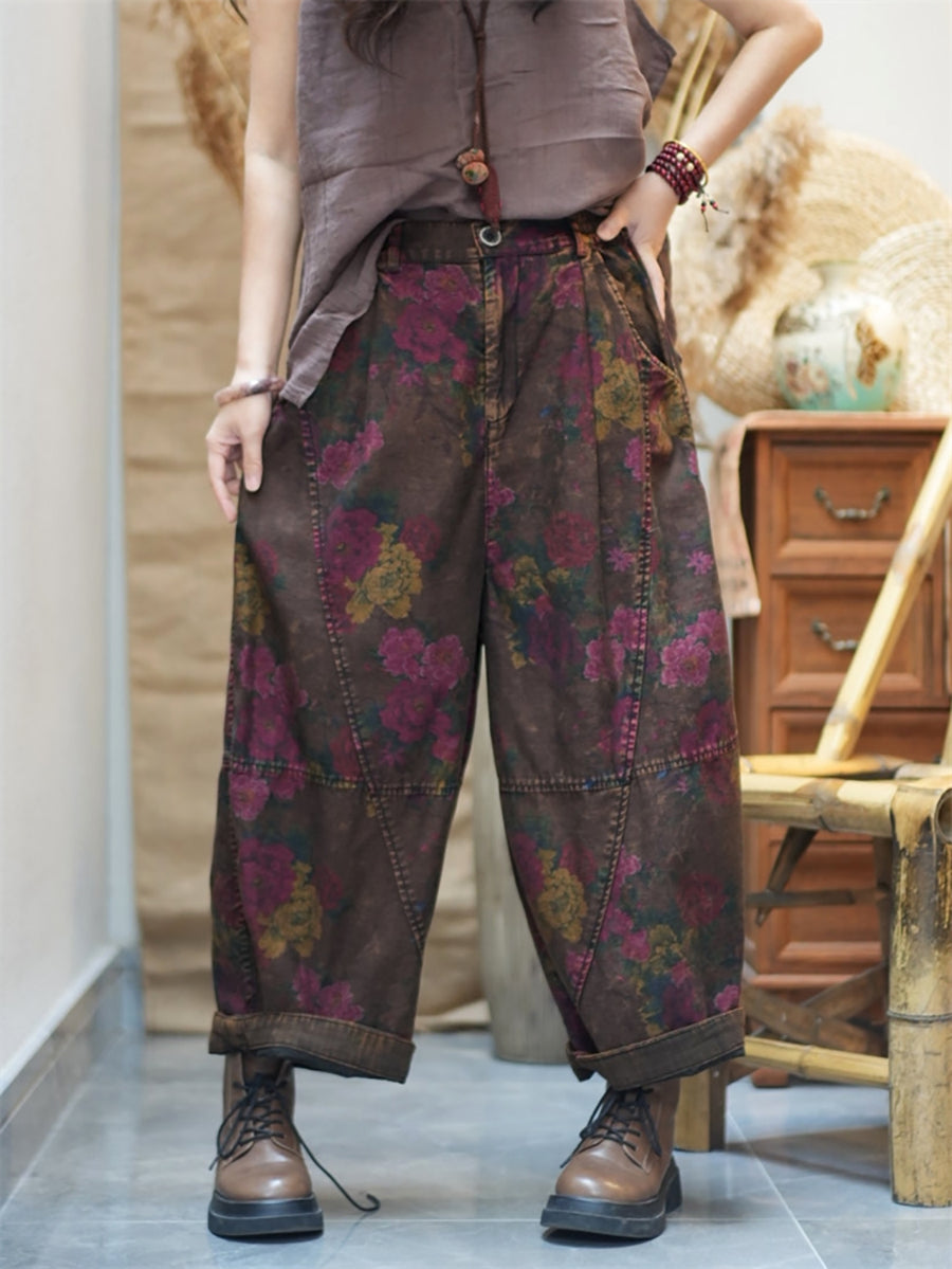 Plus Size Women Spring Retro Flower Cotton Harem Pants