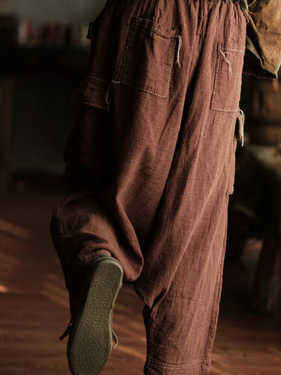 Women Spring Retro Pure Color Cotton Stitching Wide-leg Pants