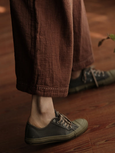 Women Spring Retro Pure Color Cotton Stitching Wide-leg Pants