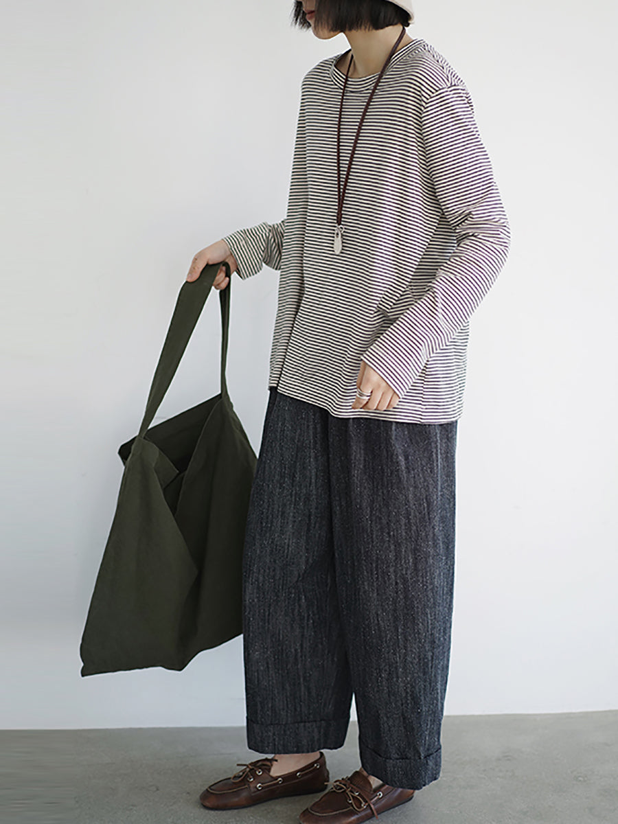 Plus Size Women Spring Casual Stripe O-Neck Cotton Shirt