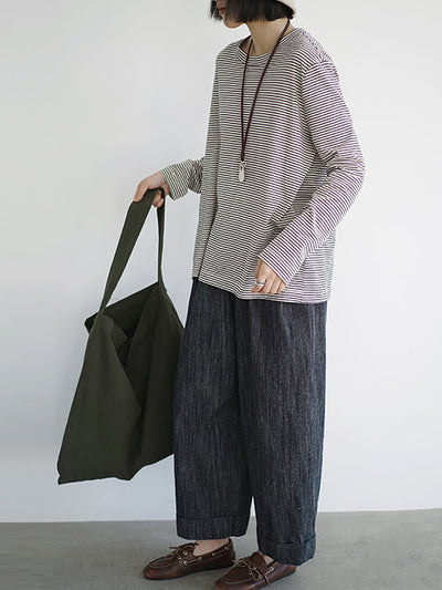 Plus Size Women Spring Casual Stripe O-Neck Cotton Shirt