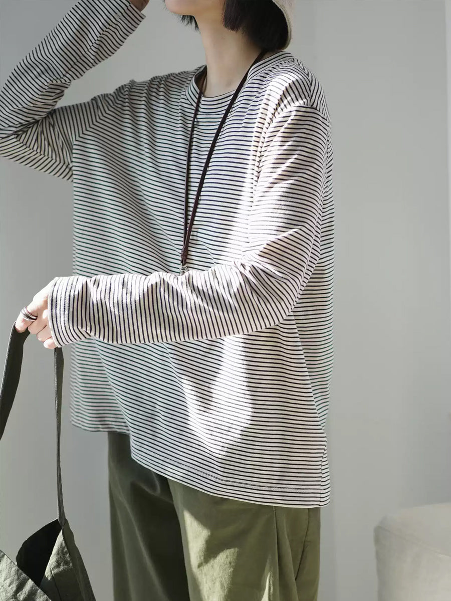 Plus Size Women Spring Casual Stripe O-Neck Cotton Shirt