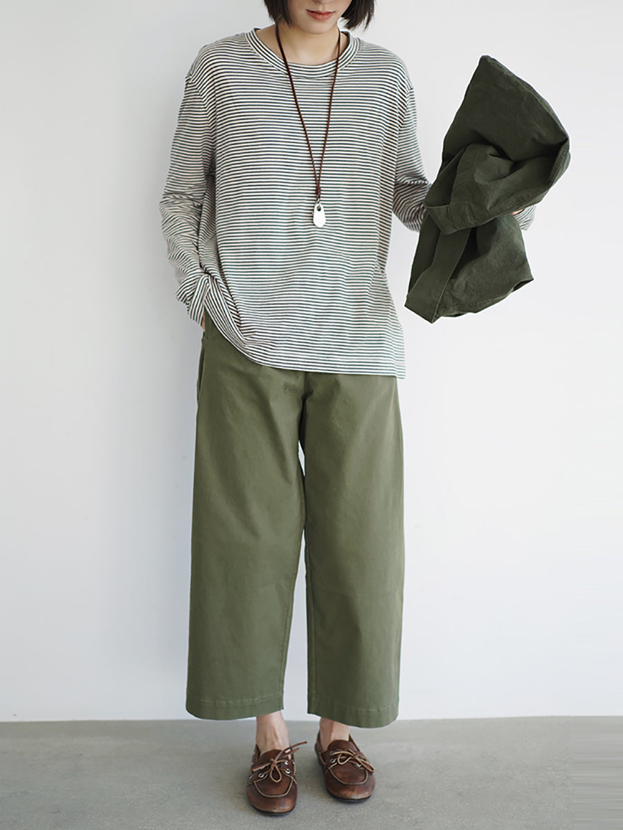 Plus Size Women Spring Casual Stripe O-Neck Cotton Shirt