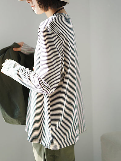 Plus Size Women Spring Casual Stripe O-Neck Cotton Shirt