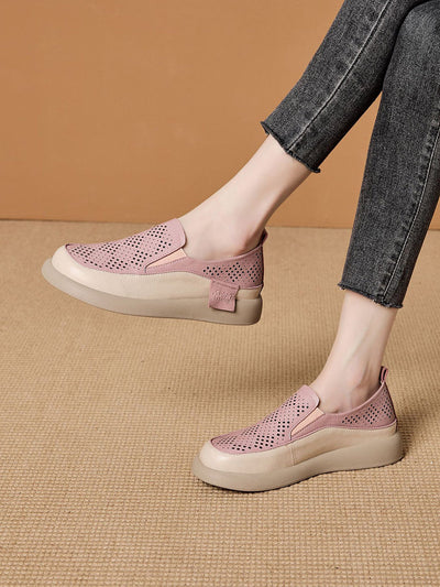 Women Summer Casual Hollow Out Leather Flat Shoes