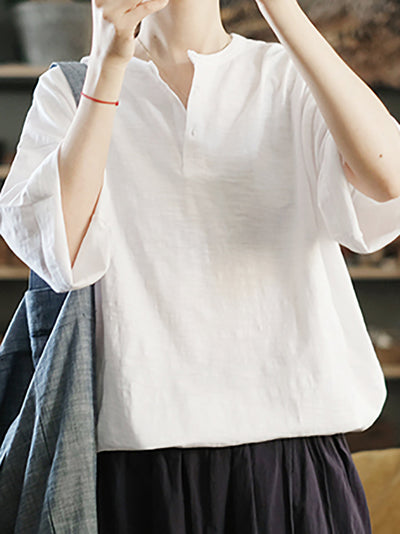 Plus Size Women Summer Casual Pure Color O-Neck 100%Cotton Shirt