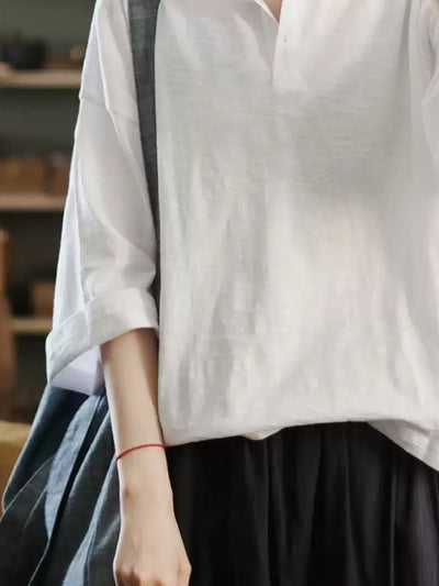 Plus Size Women Summer Casual Pure Color O-Neck 100%Cotton Shirt