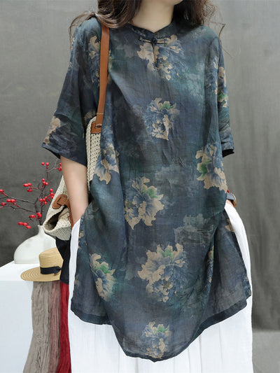 Plus Size Women Summer Stand Collar Flower 100%Ramie Shirt