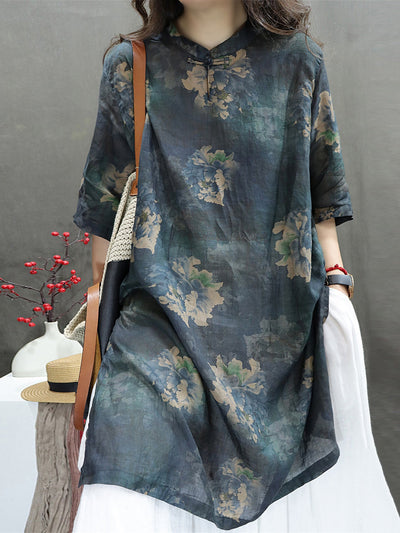 Plus Size Women Summer Stand Collar Flower 100%Ramie Shirt