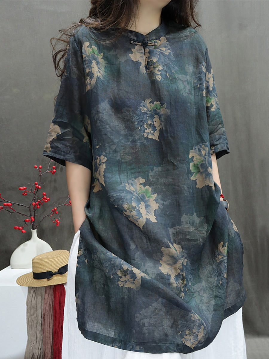 Plus Size Women Summer Stand Collar Flower 100%Ramie Shirt