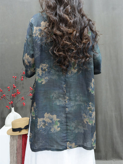 Plus Size Women Summer Stand Collar Flower 100%Ramie Shirt