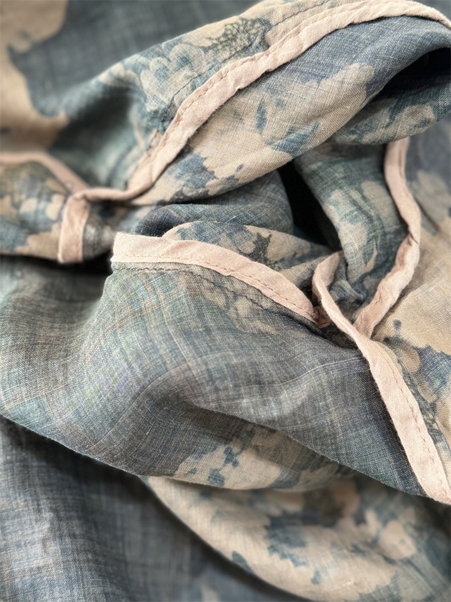 Plus Size Women Summer Stand Collar Flower 100%Ramie Shirt