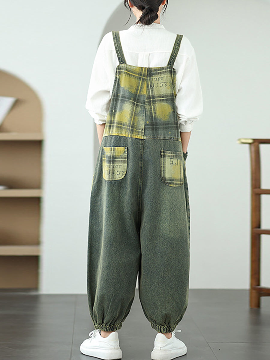 Women Summer Casual Plaid Spliced Denim Jumpsuits