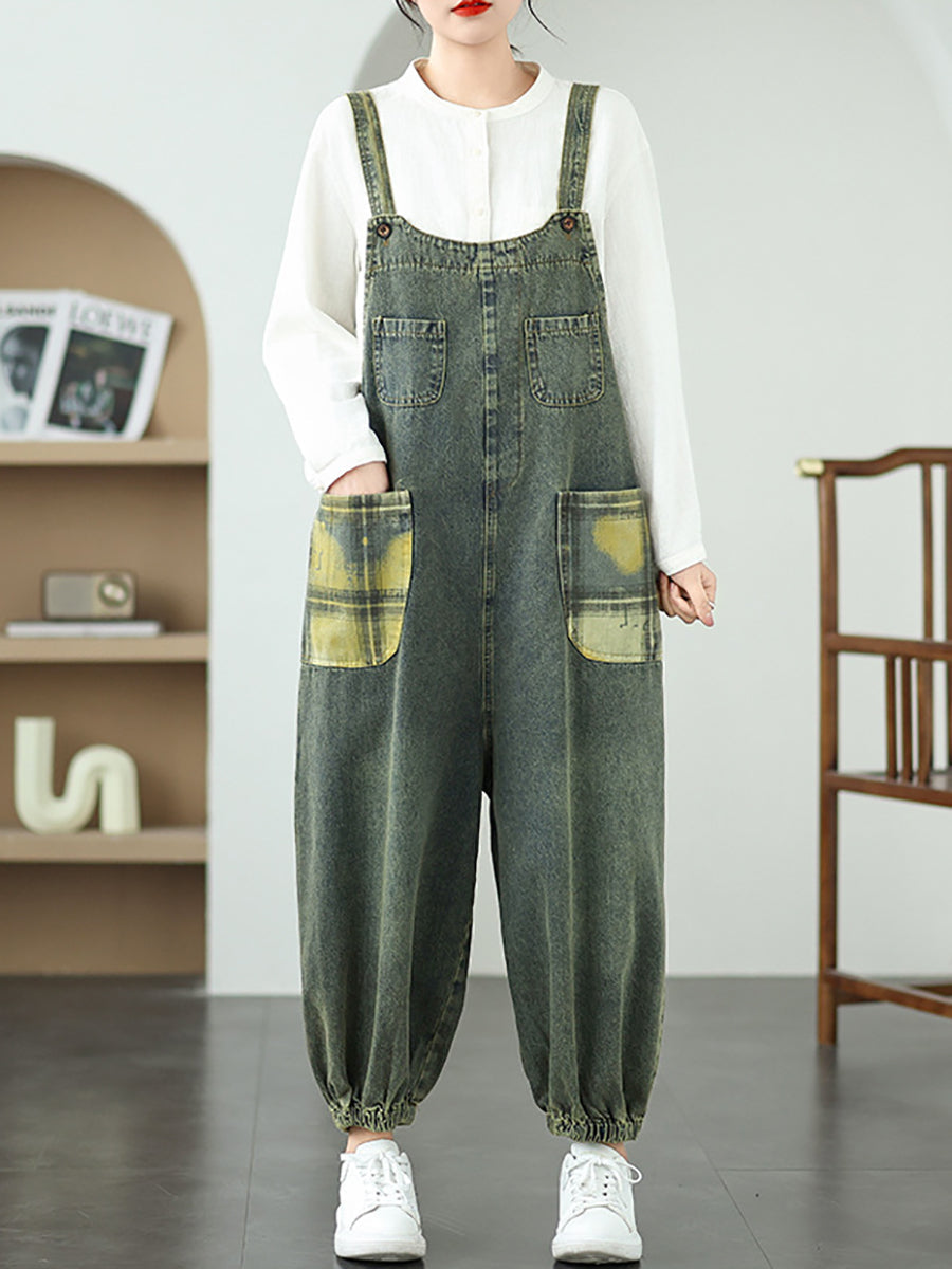Women Summer Casual Plaid Spliced Denim Jumpsuits
