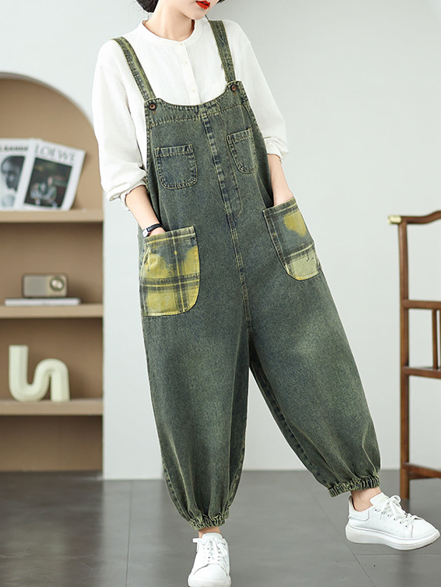 Women Summer Casual Plaid Spliced Denim Jumpsuits