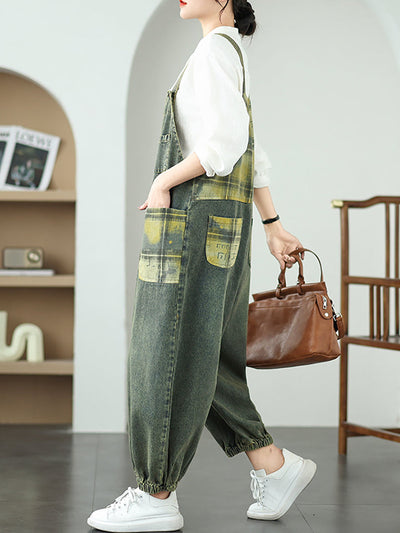 Women Summer Casual Plaid Spliced Denim Jumpsuits