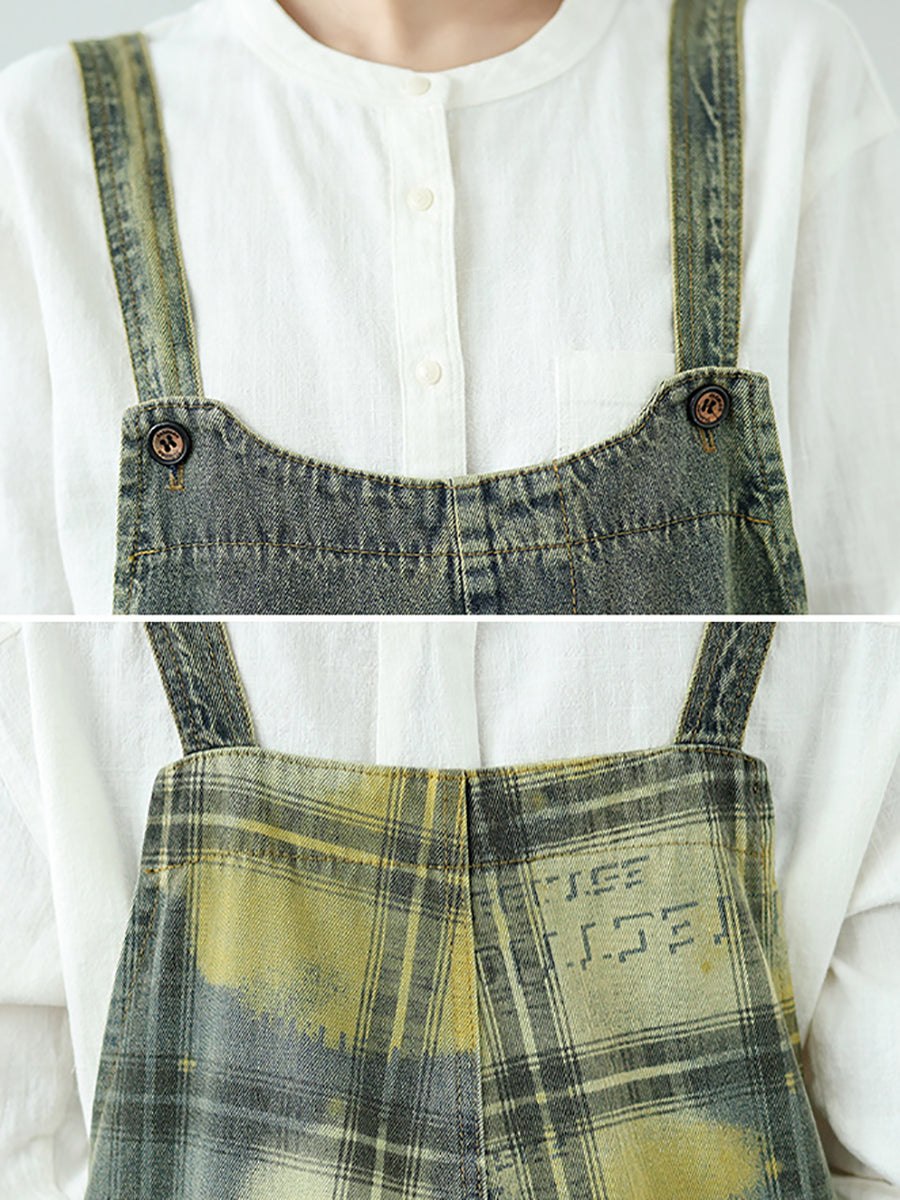 Women Summer Casual Plaid Spliced Denim Jumpsuits