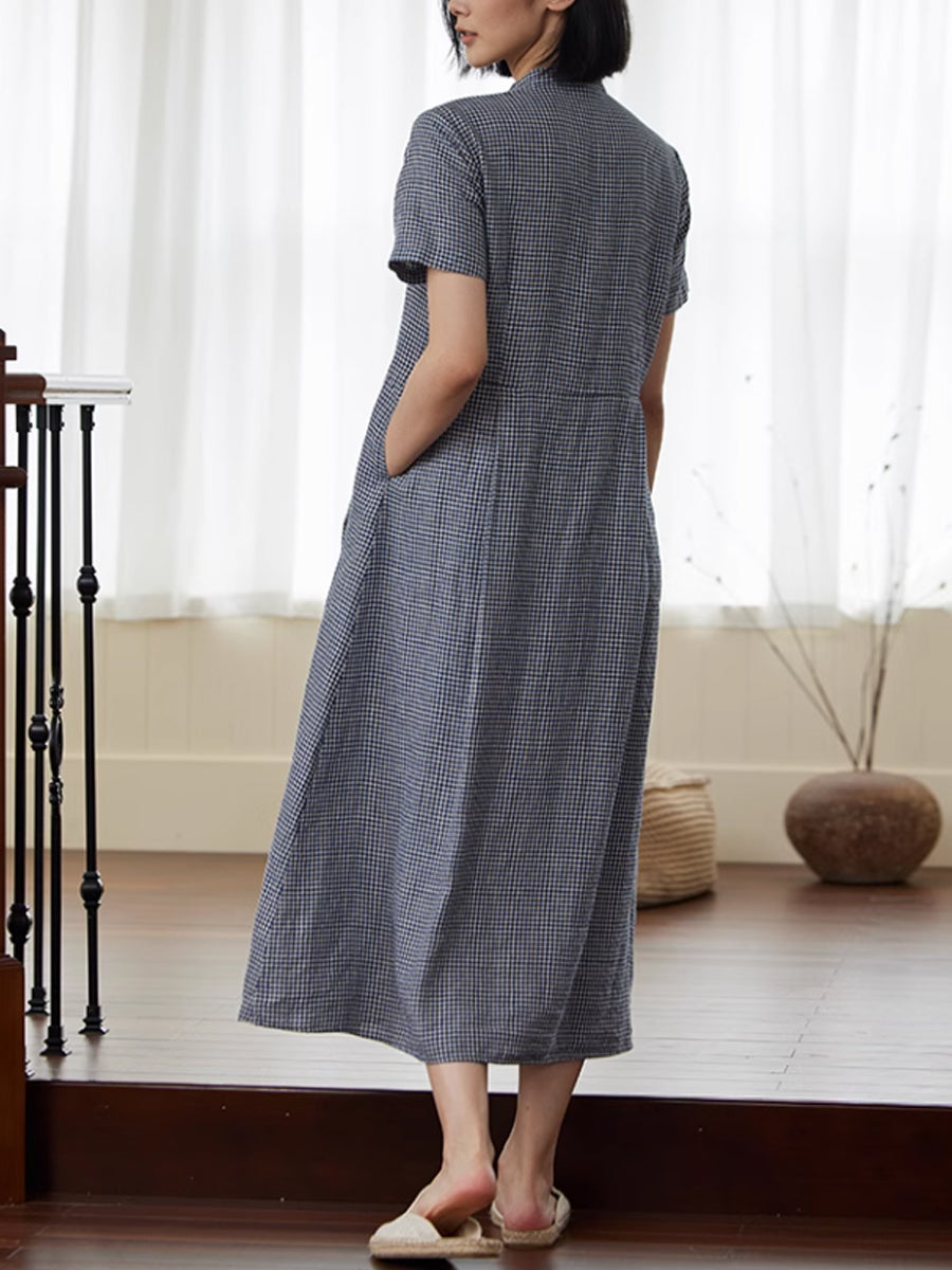 Plus Size Women Summer Plaid Stand Collar 100%Linen Loose Dress