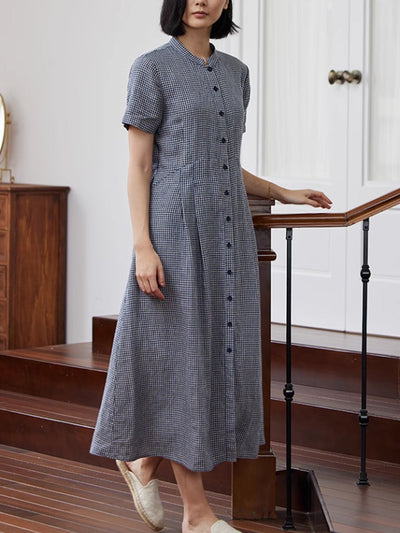 Plus Size Women Summer Plaid Stand Collar 100%Linen Loose Dress