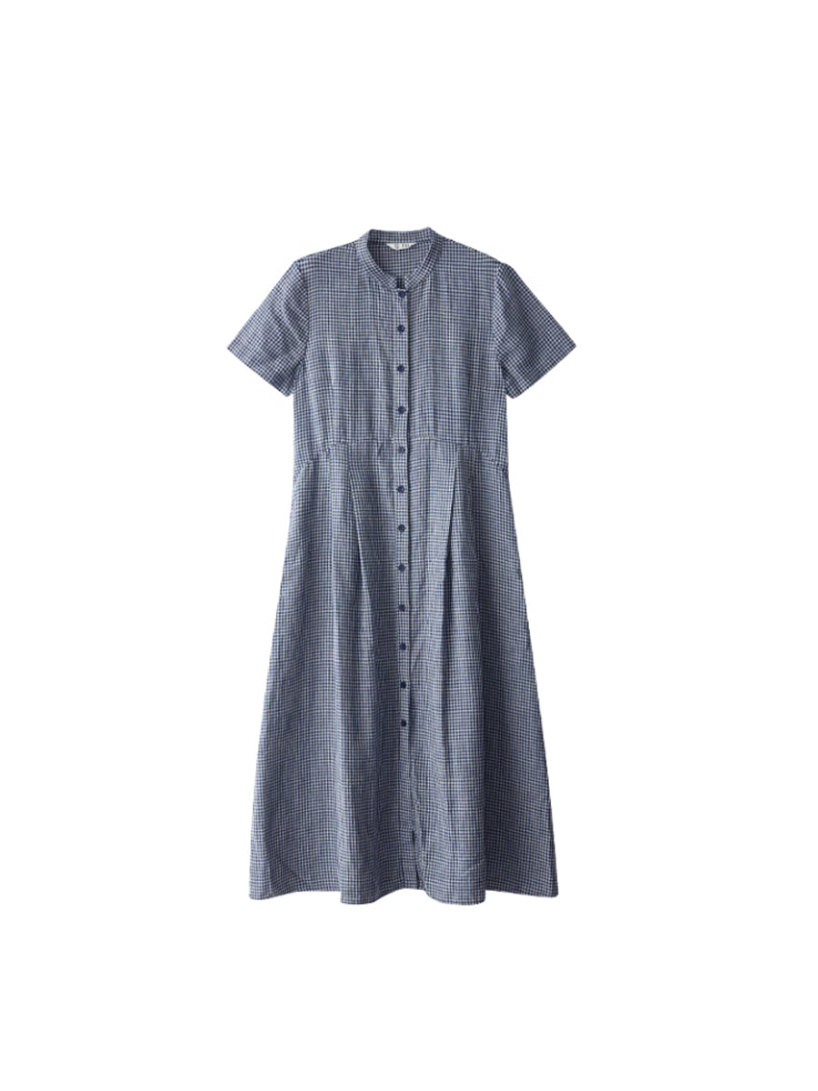 Plus Size Women Summer Plaid Stand Collar 100%Linen Loose Dress