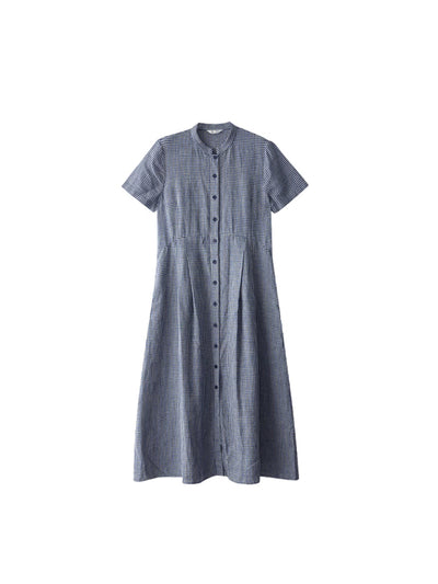 Plus Size Women Summer Plaid Stand Collar 100%Linen Loose Dress