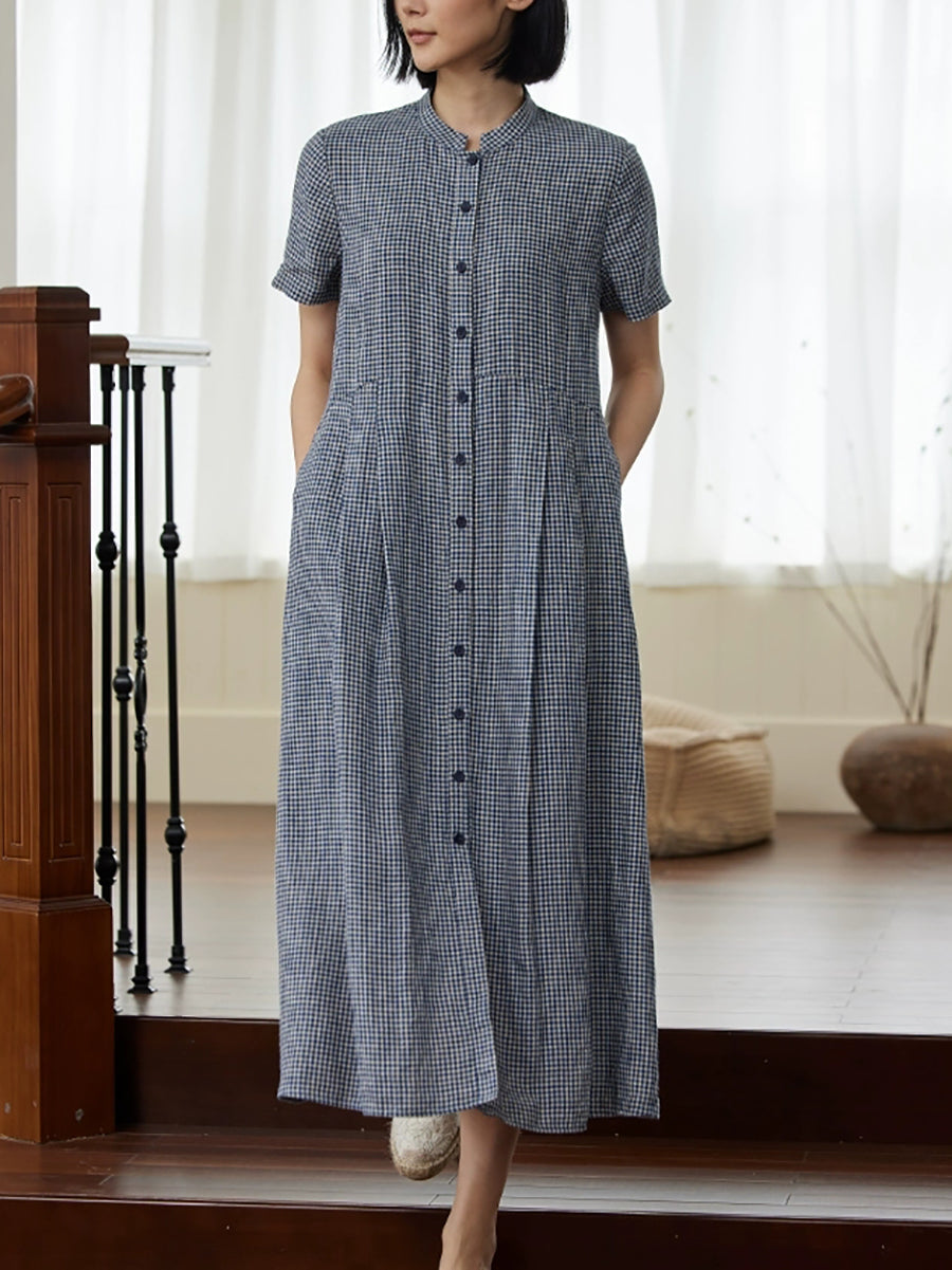 Plus Size Women Summer Plaid Stand Collar 100%Linen Loose Dress