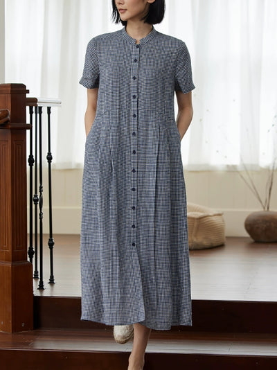 Plus Size Women Summer Plaid Stand Collar 100%Linen Loose Dress