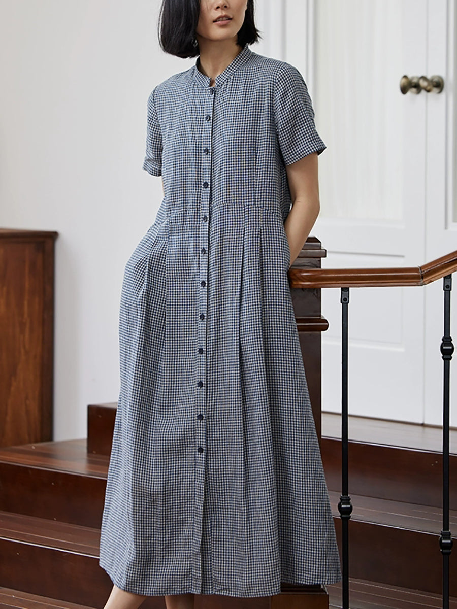 Plus Size Women Summer Plaid Stand Collar 100%Linen Loose Dress
