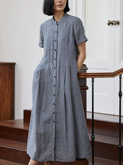 Plus Size Women Summer Plaid Stand Collar 100%Linen Loose Dress