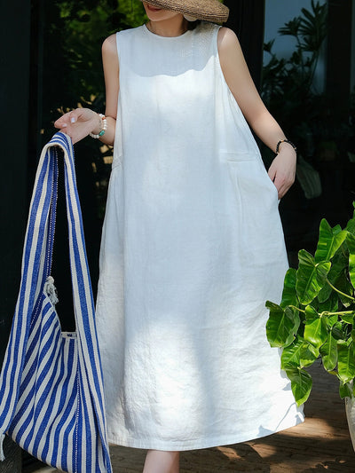 Plus Size Women Summer Casual Pure Color Loose Vest Dress