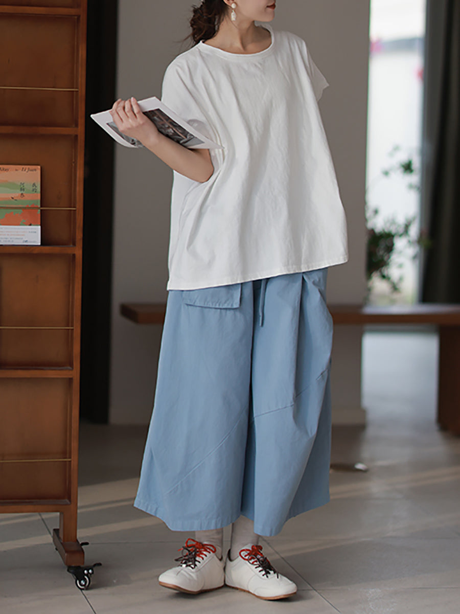 Plus Size Women Spring Casual Pure Color O-Neck 100%Cotton Shirt