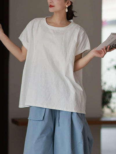 Plus Size Women Spring Casual Pure Color O-Neck 100%Cotton Shirt