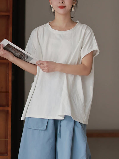 Plus Size Women Spring Casual Pure Color O-Neck 100%Cotton Shirt