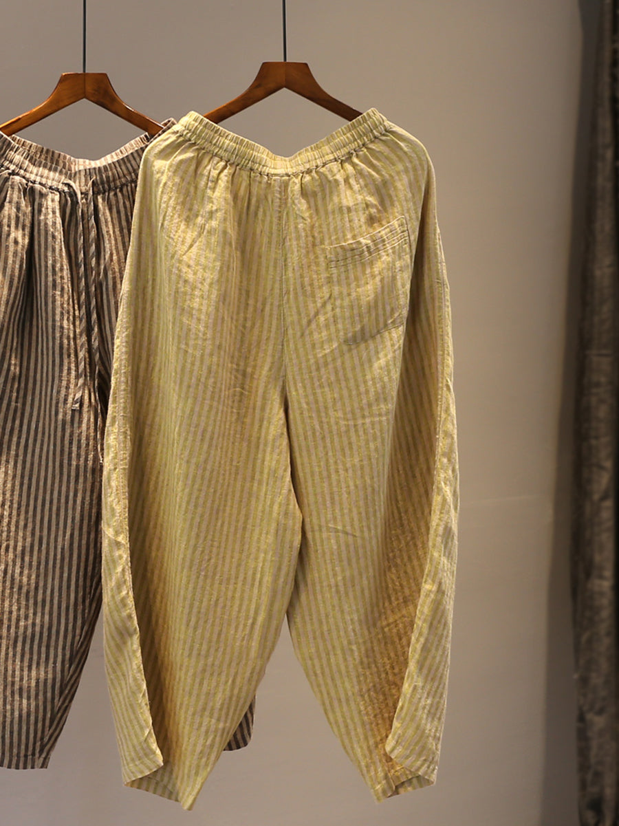 Plus Size Women Summer Stripe Straight 100%Linen Pants