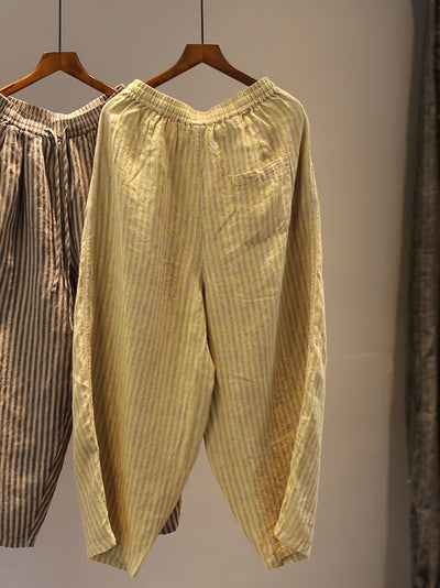 Plus Size Women Summer Stripe Straight 100%Linen Pants