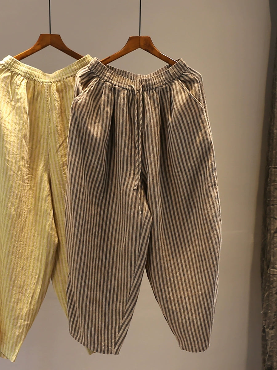 Plus Size Women Summer Stripe Straight 100%Linen Pants