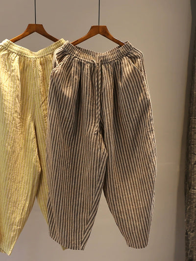 Plus Size Women Summer Stripe Straight 100%Linen Pants