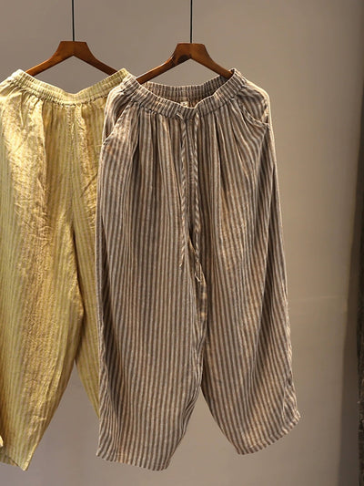 Plus Size Women Summer Stripe Straight 100%Linen Pants