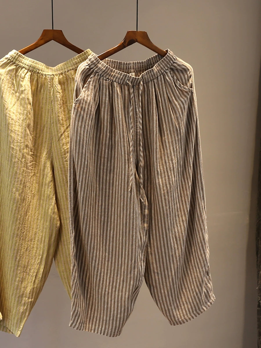 Plus Size Women Summer Stripe Straight 100%Linen Pants