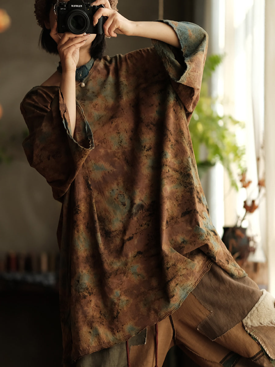 Women Summer Retro Flower O-Neck Cotton Shirt