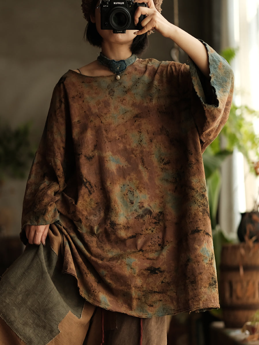 Women Summer Retro Flower O-Neck Cotton Shirt