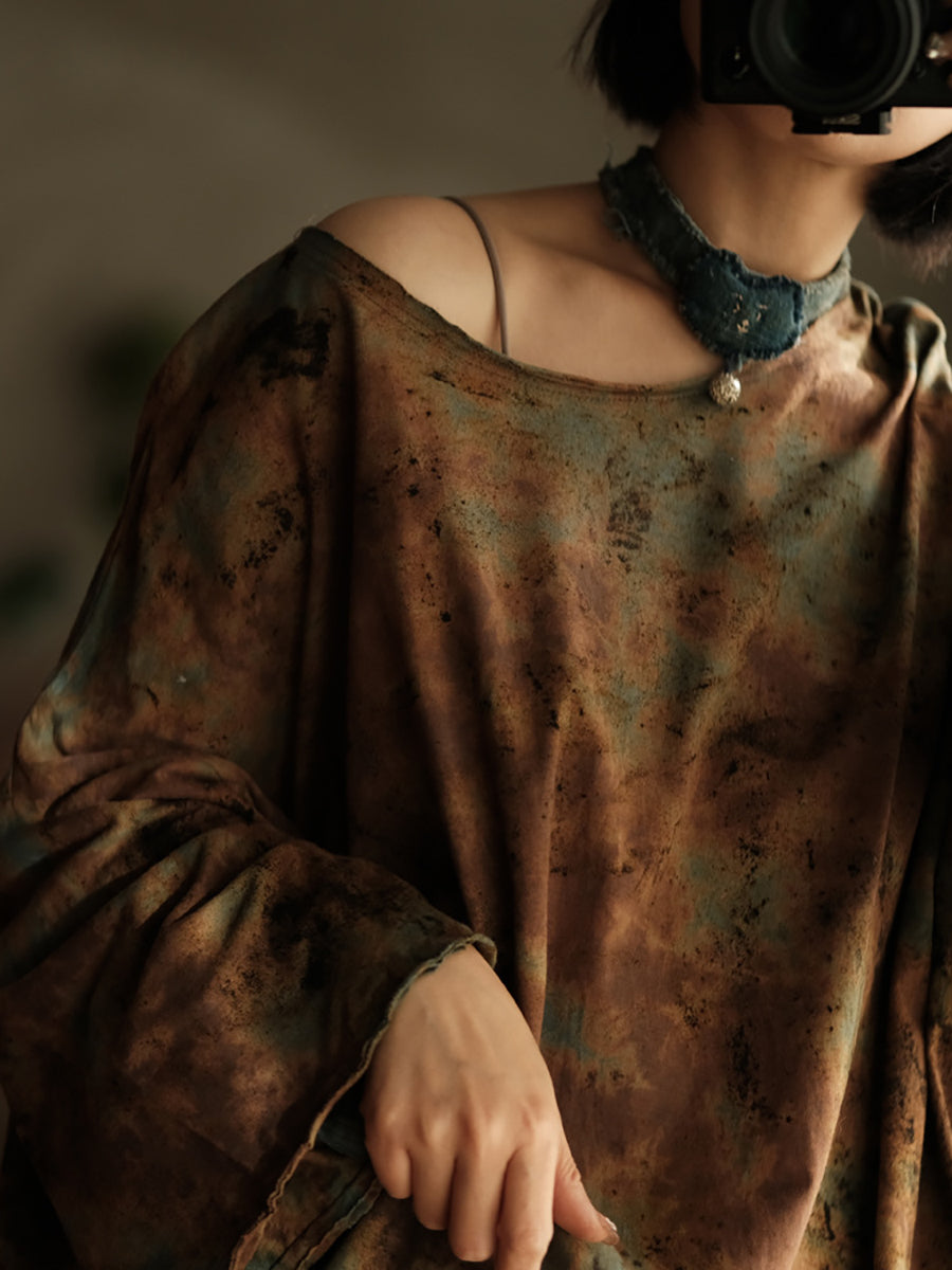 Women Summer Retro Flower O-Neck Cotton Shirt